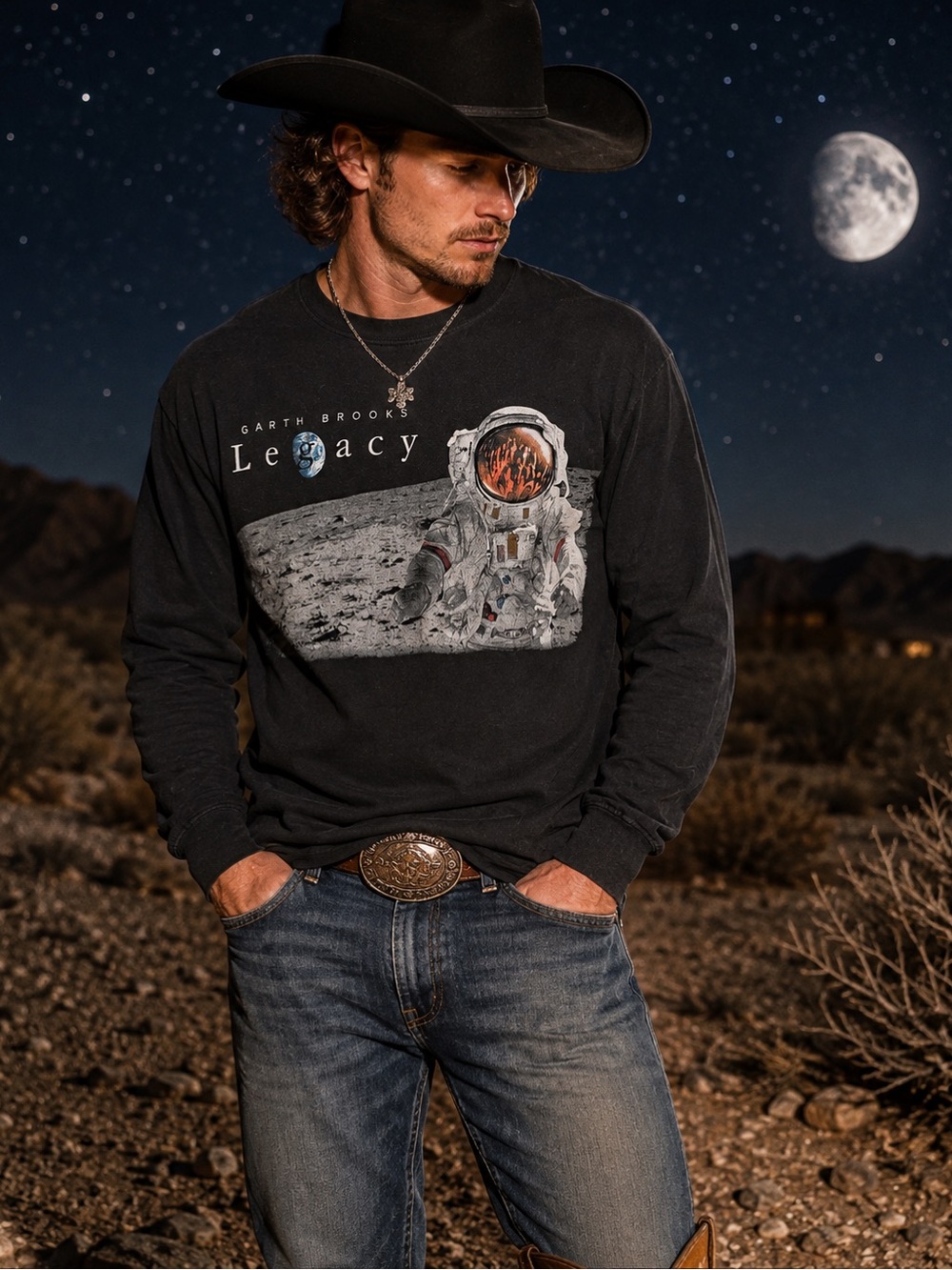 Garth Brooks Legacy Astronaut Moon Graphic Long Sleeve Shirt Black XL Country